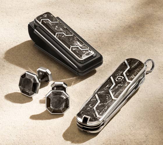 David Yurman cufflinks, money clip and Swiss Army knife with forged carbon in sterling silver.
