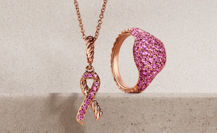 A David Yurman pink pave BCRF pendant and ring.