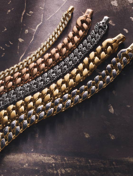 Men's Gift Guide: Multiple bracelets feature gold, rose gold and silver with diamonds and other stones. 