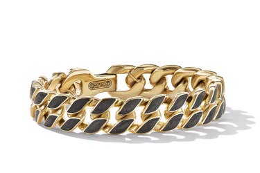 Shop Forged Carbon curb chain bracelet with yellow gold.