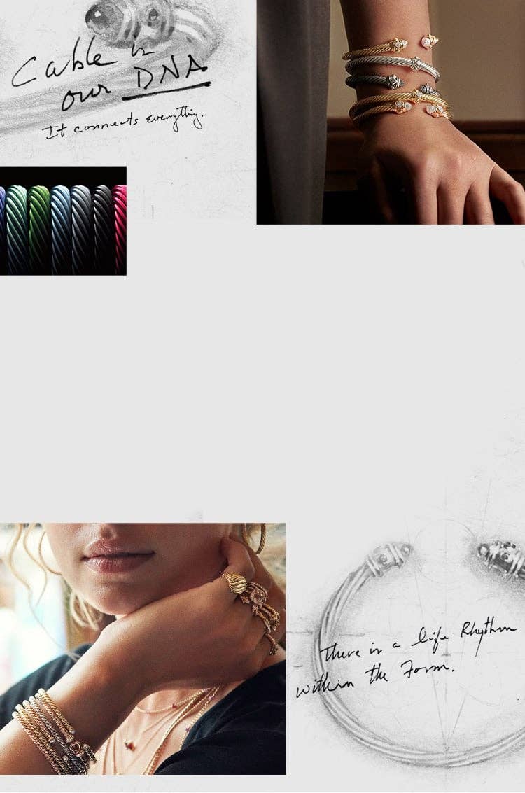 Collage of images featuring the Iconic David Yurman cable, with sketchs and lifestyle imagery.