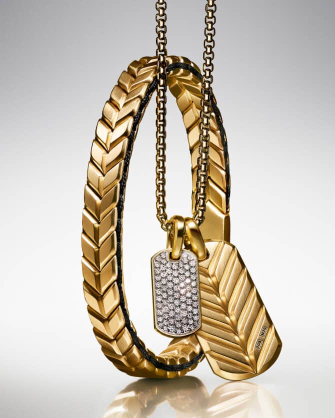 A David Yurman Chevron bracelet and tags.