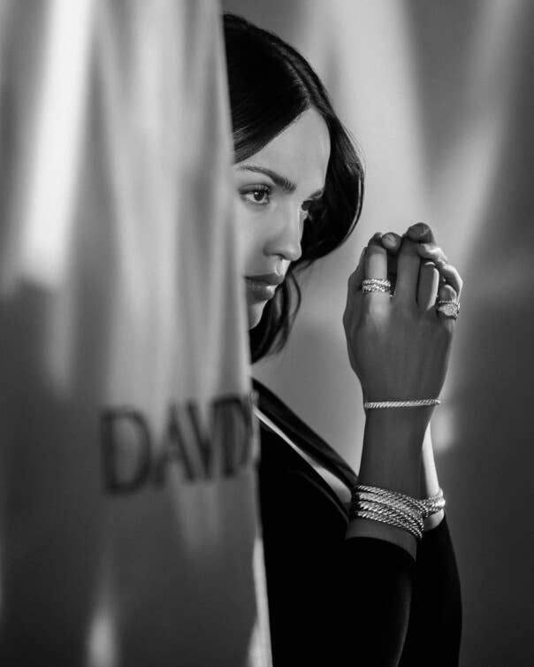 Eiza posing in David Yurman's Sculpted Cable campaign.