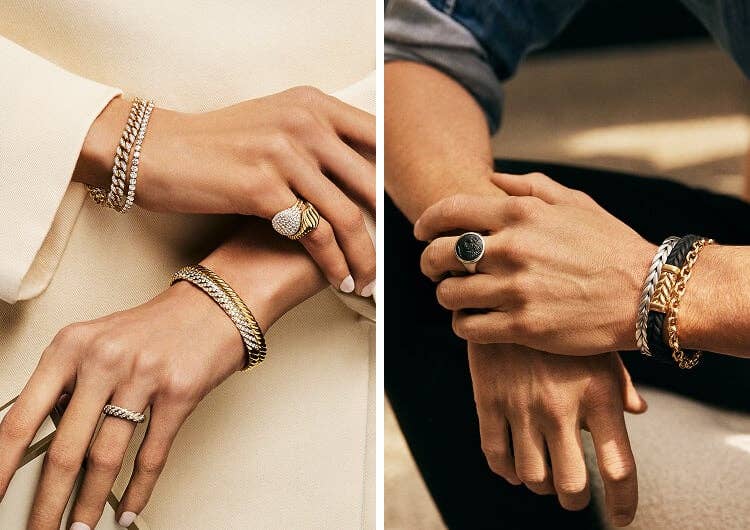 David Yurman bracelets stacked on wrists.