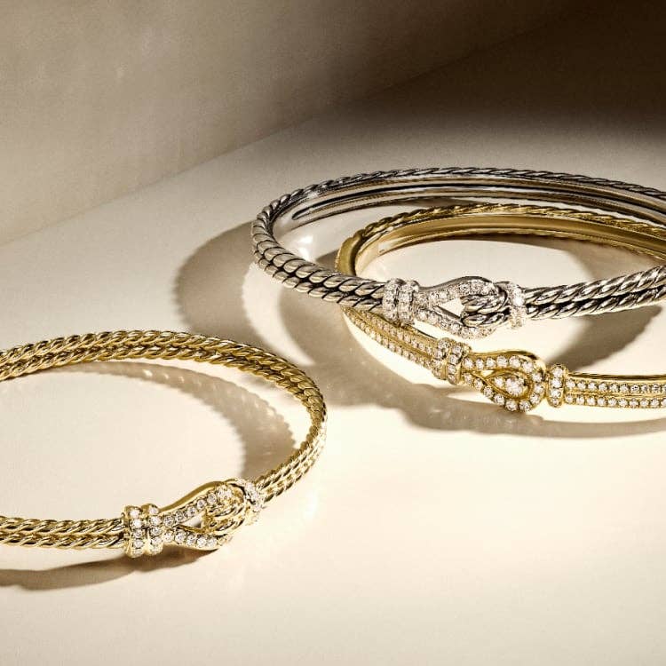 Shop these three thoroughbred loop bracelets in yellow gold and silver..
