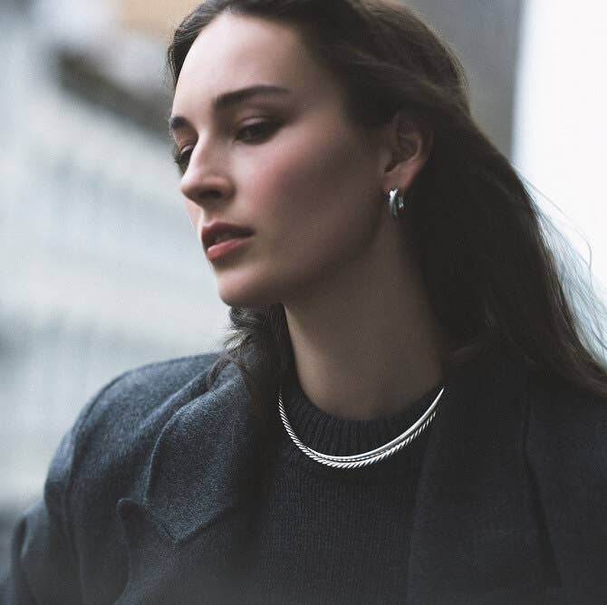 Model Wearing David Yurman Sterling Silver Necklace and Earrings