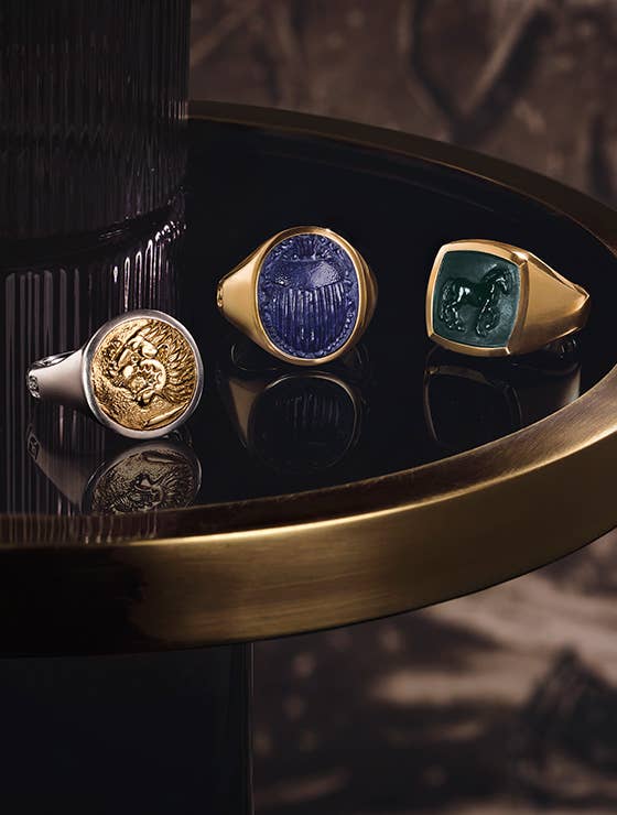 Men's Gift Guide: Three men's rings featuring Petrvs Lion Signet, Petrvs Horse signet and Petrvs Scarab Signet.