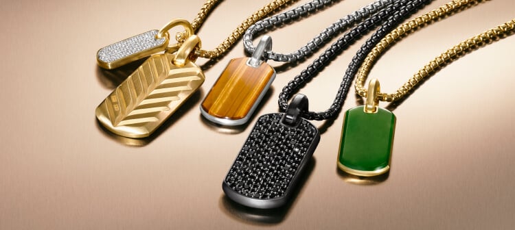 David Yurman Chevron tags on chains in various materials.