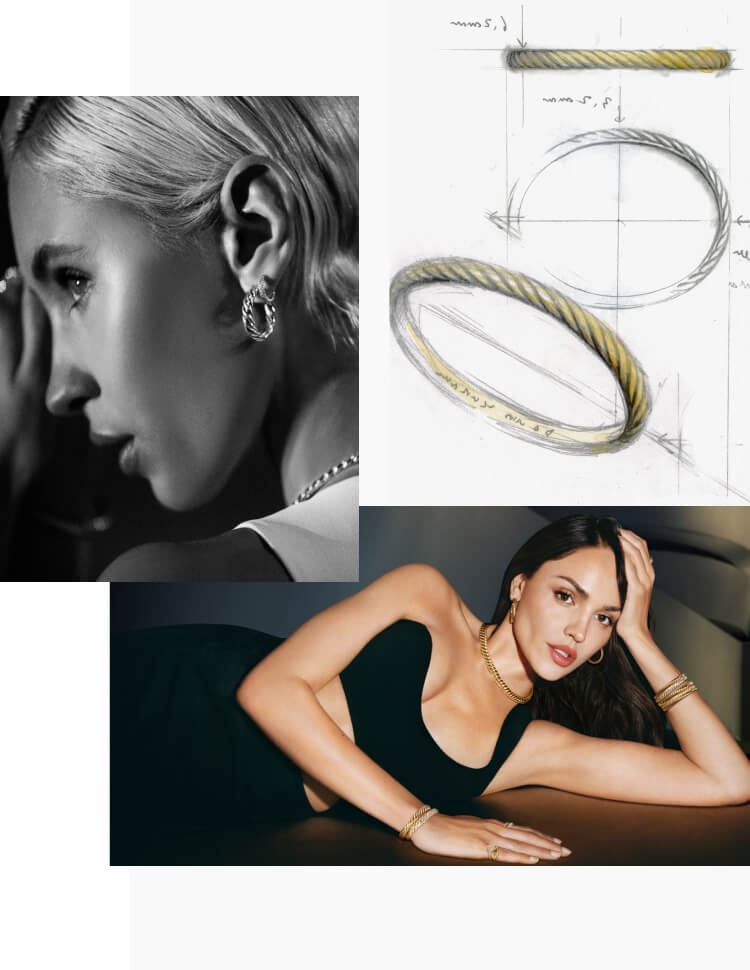 A collage of Iris Law and Eiza González next to Sculpted Cable jewelry sketches.