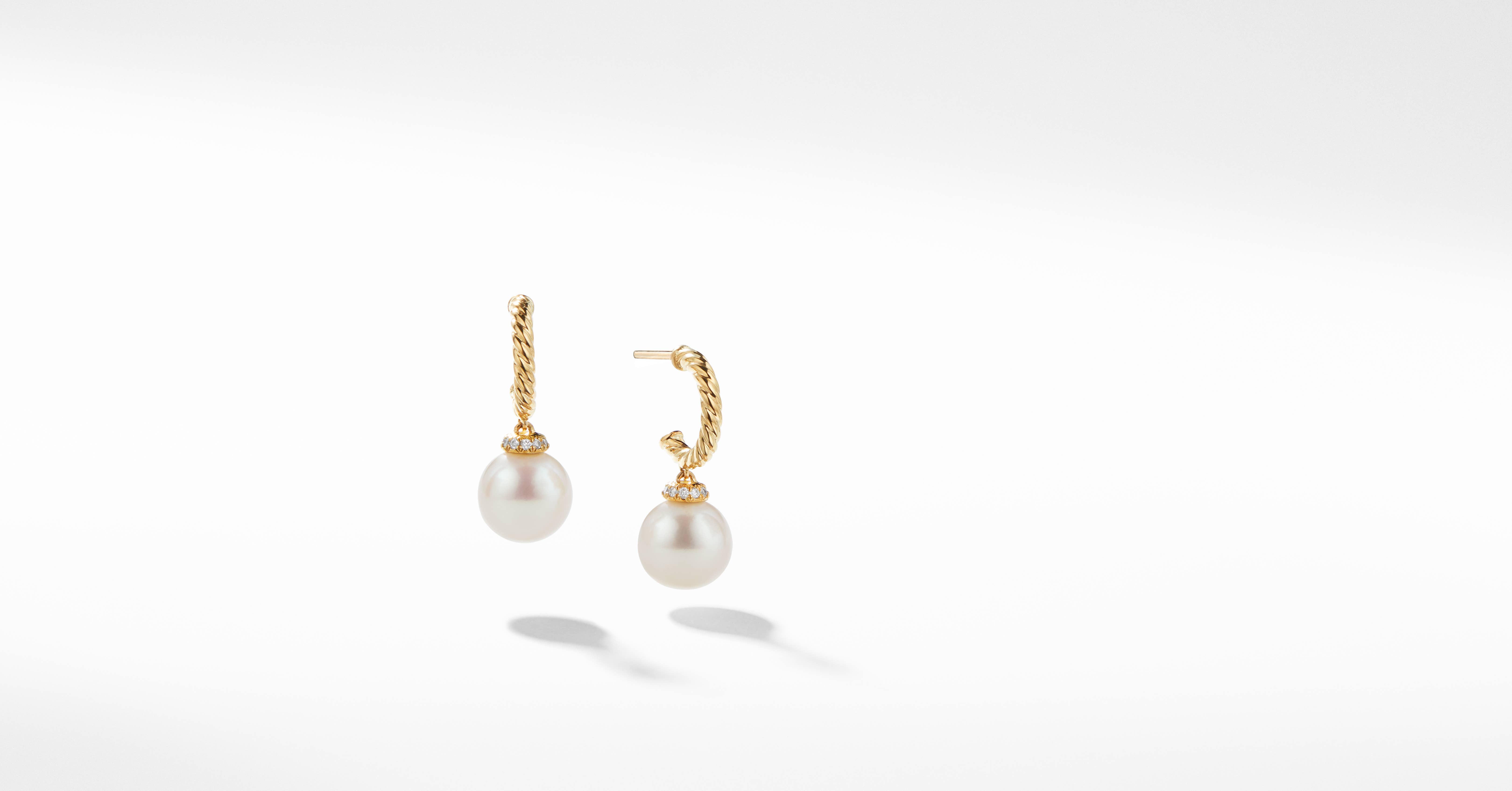 David Yurman | Solari Hoop Drop Earrings in 18K Yellow Gold with Pearls and Pavé Diamonds